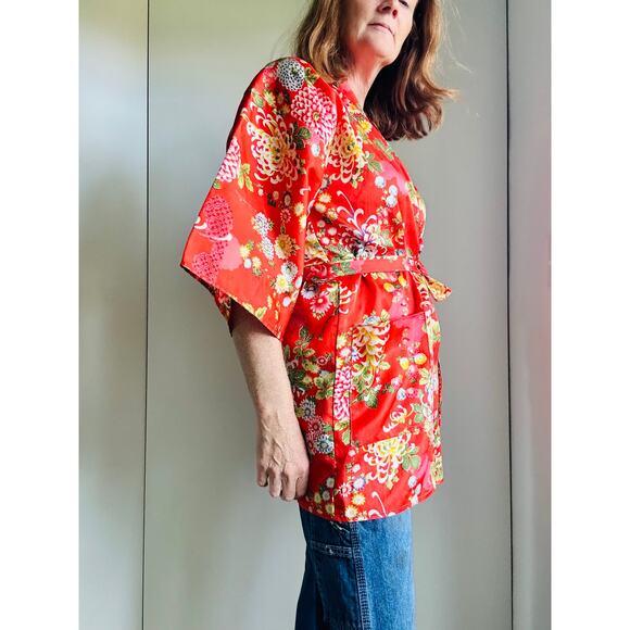 Vintage 70s Kimono Short Robe Orange floral Print Belted Pockets Loungewear Pool - Picture 3 of 8